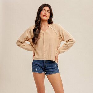 HEM & THREAD Beige Long Sleeve V-Neck Top, Lightweight Casual Neutral Pullover